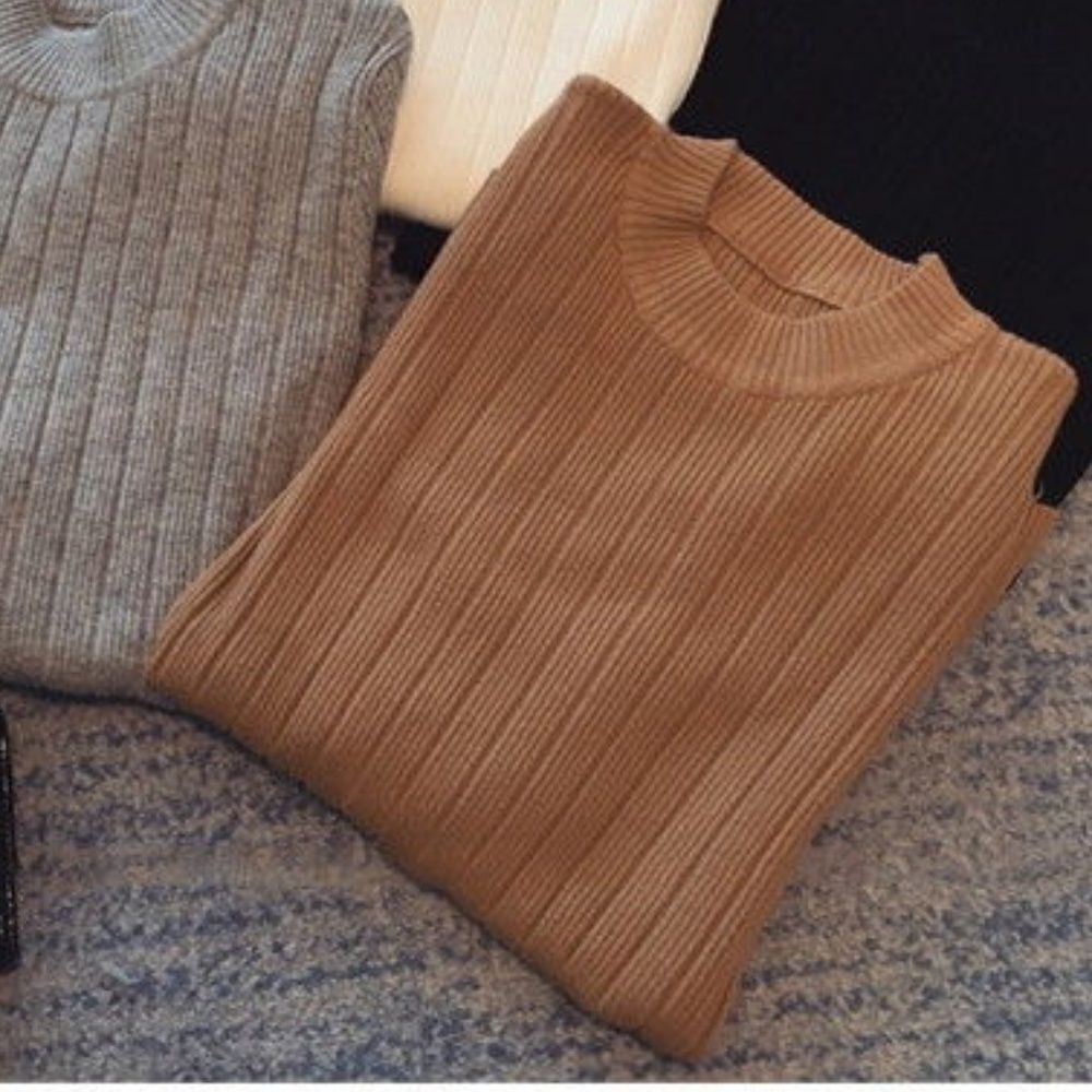 Camel Mock-Neck Ribbed Sweater